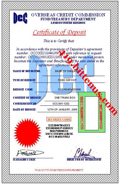 Occ deposit certificate